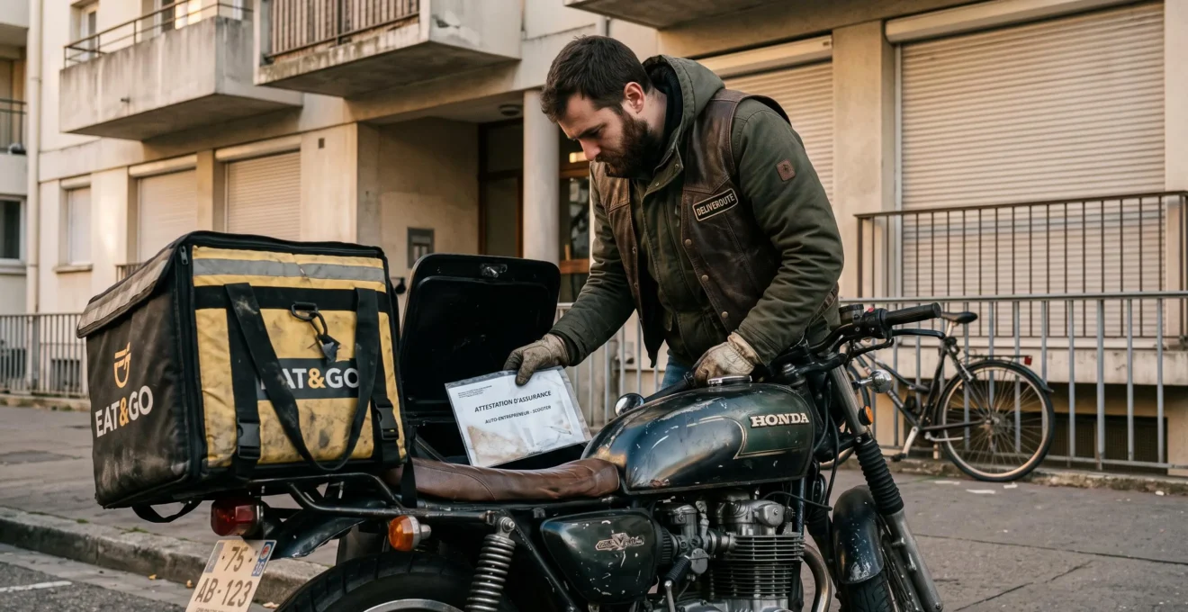 Un livreur vérifie son attestation d'assurance dans la boîte à gants de son scooter.