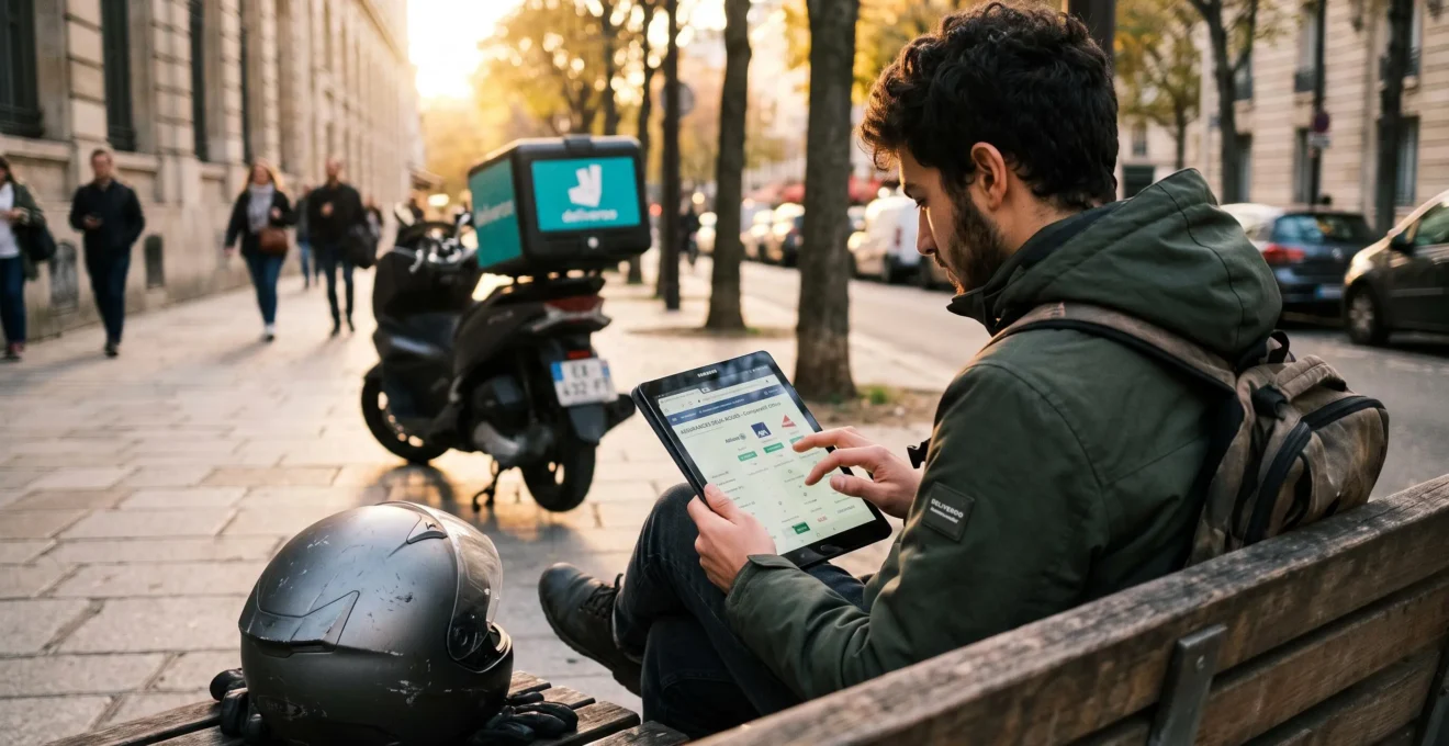 Un livreur compare des offres d'assurance sur sa tablette, assis près de son scooter.