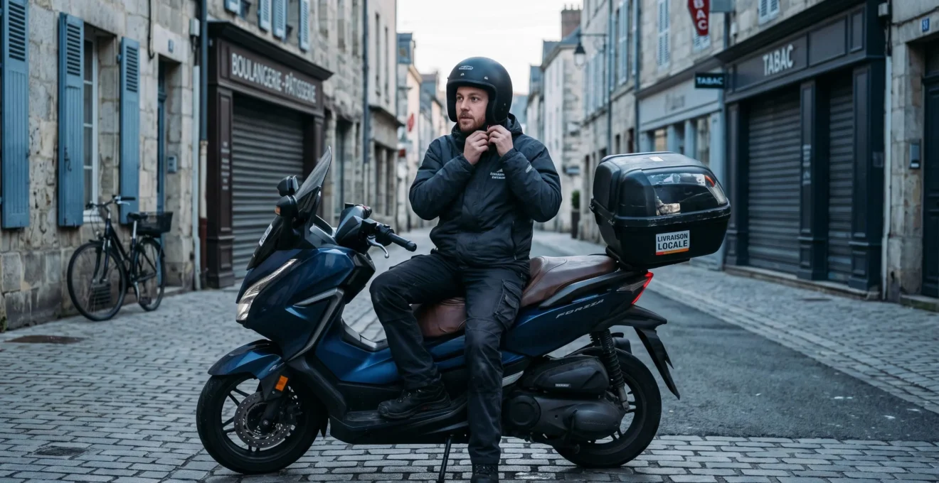Un livreur attache son casque avant de démarrer son scooter de livraison dans une rue française.