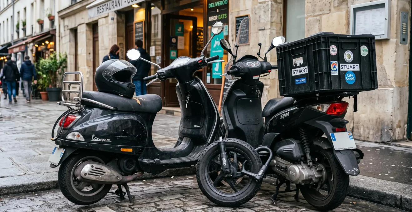 Deux scooters de livraison équipés différemment stationnés devant un point de collecte.
